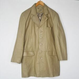 Vintage Y2K Cougar Leather Taupe Beige Oversized Long Blazer Jacket Coat Women